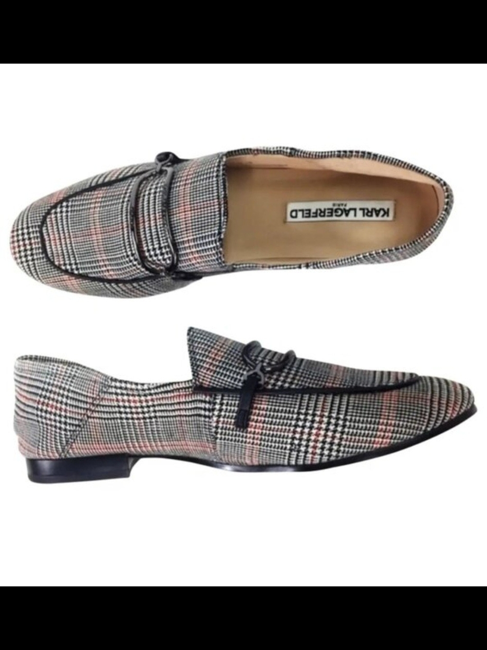 Karl Lagerfeld Women Plaid Loafers in Black, White And Red. Size 8